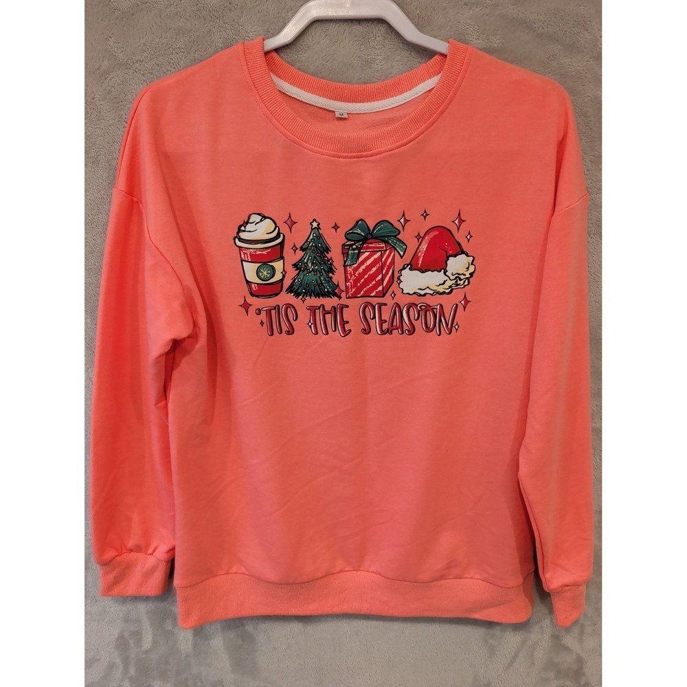 Tis‎ The Season Christmas Sweatshirt Coral Pink Medium Holiday Graphic